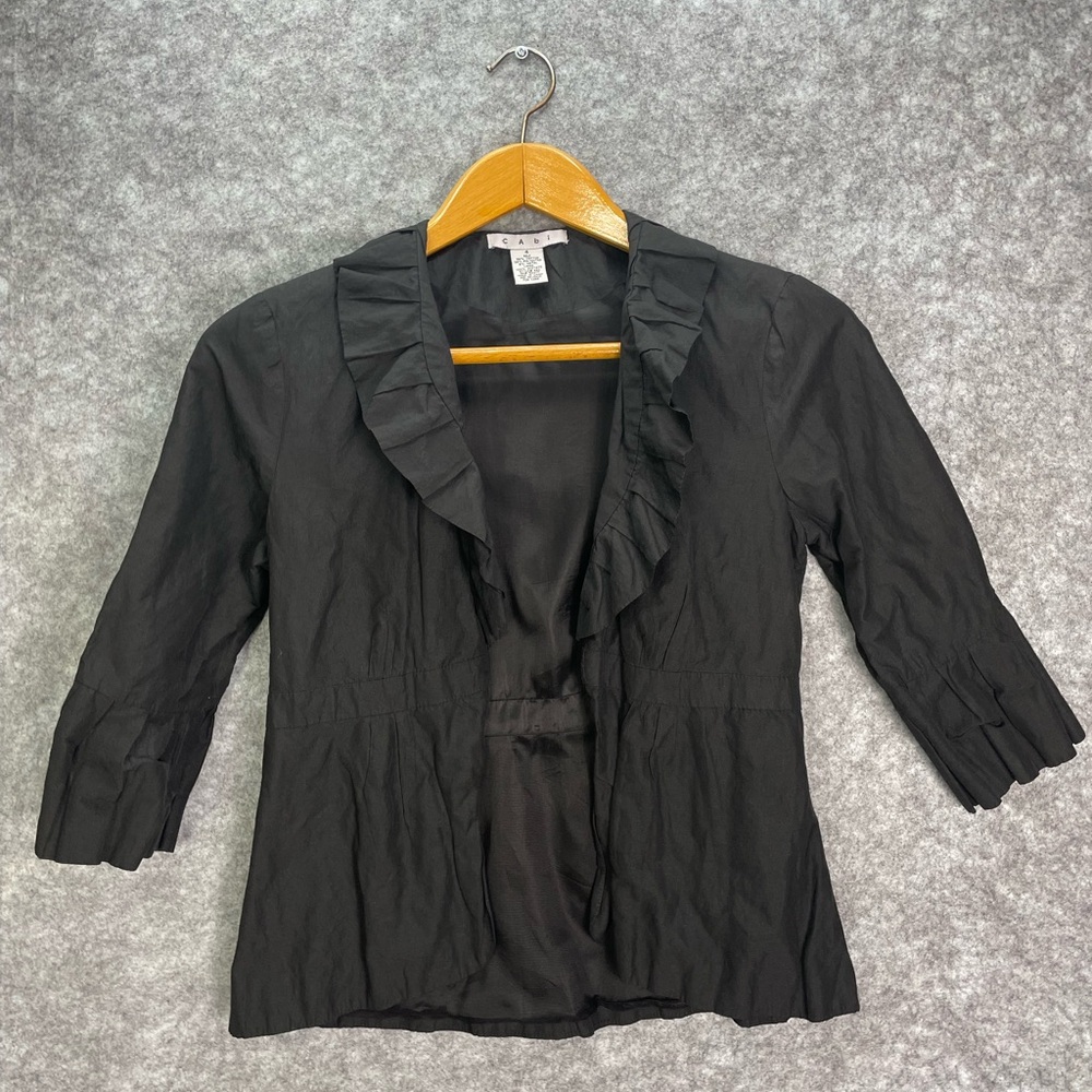 Cabi Women's Black Blazer Jacket Top Size 4 Ruffle Collar Pleated Sleeves #693